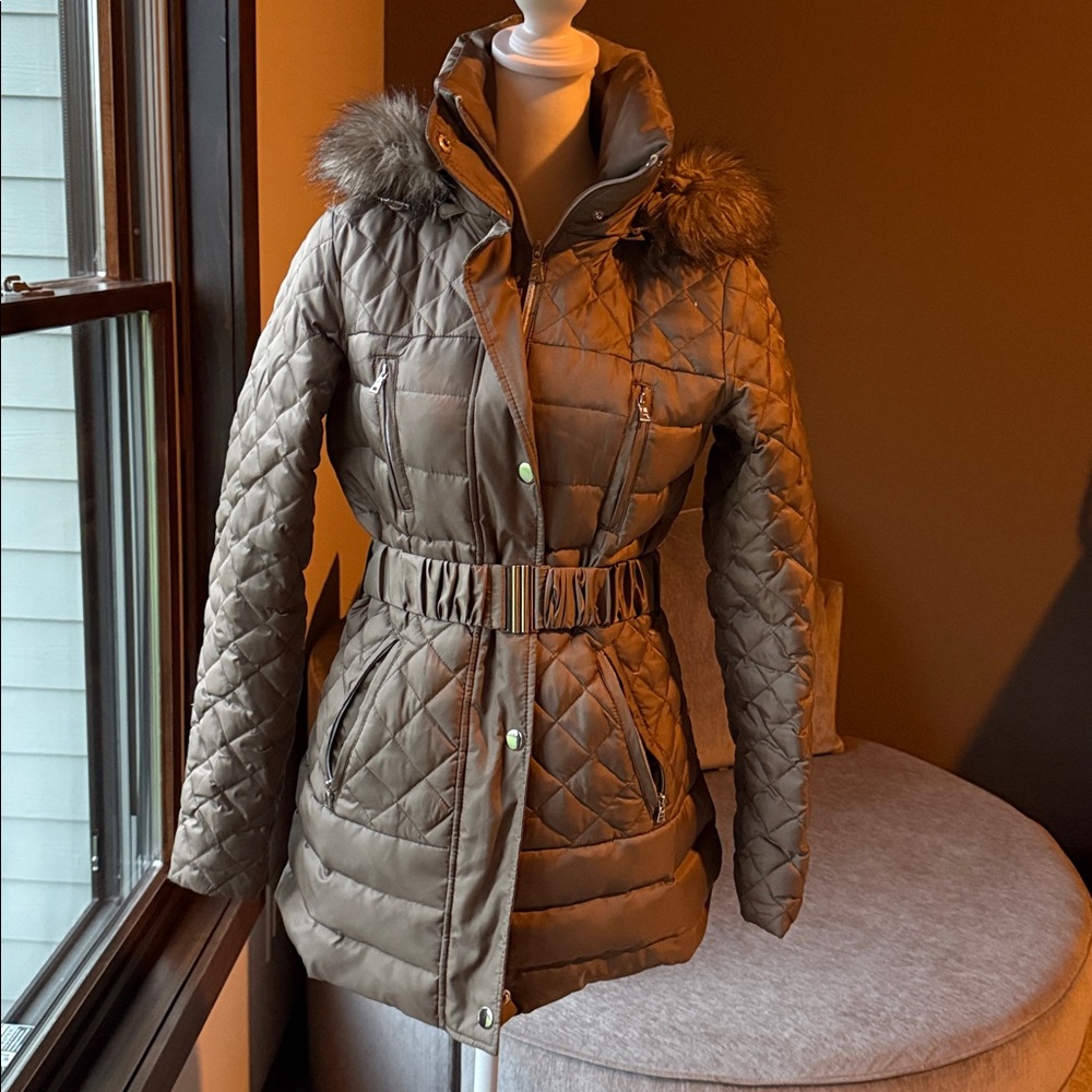 Quilted Brown Belted Coat with Fur Hood